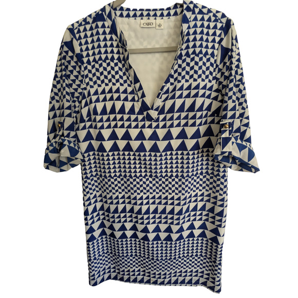 Cato Women's Medium Blue White Dress Geometric Print V-Neck Polyester - Picture 1 of 15